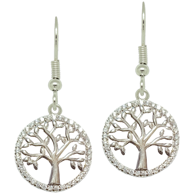 Circle Sterling Silver and Zircon Tree of Life Earrings